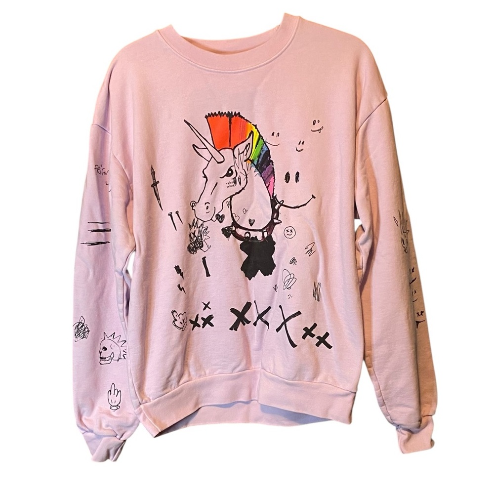 FRIENDLY UNICORN Purple Graphic Sweatshirt Small Rainbow Doodle 100% Cotton